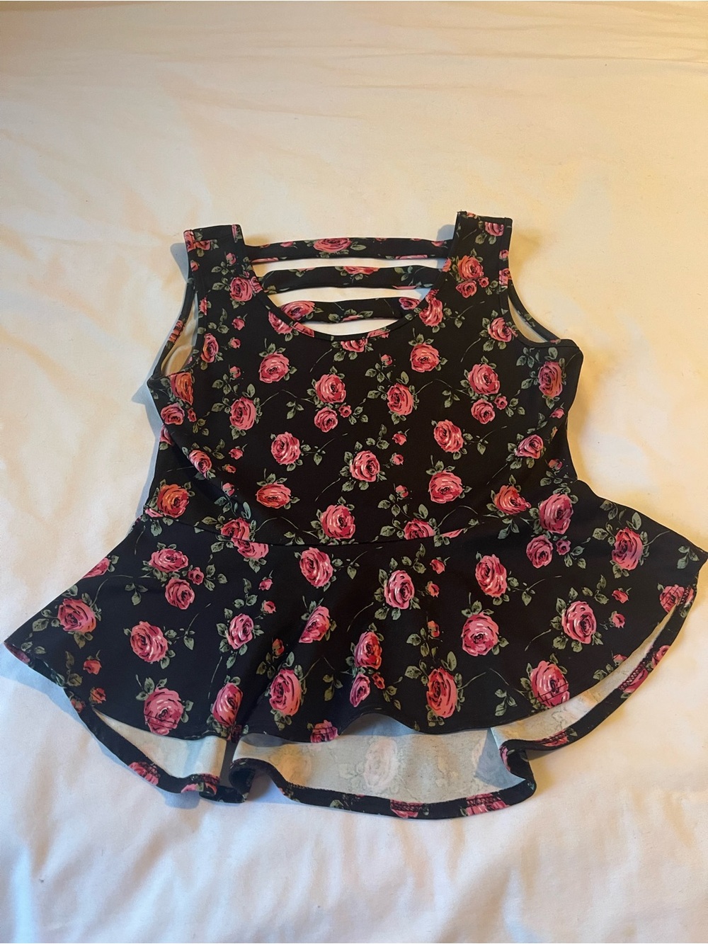 Floral Peplum Tank Top with Strappy Back - Black/Pink